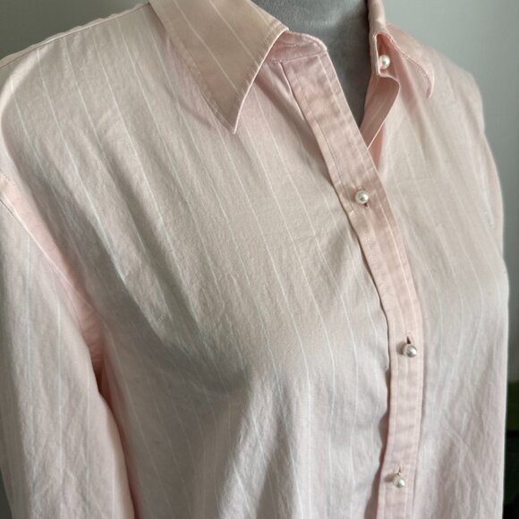 Lauren Ralph Lauren Women’s Pink Pin Stripe Pearl Button Down Collar Shirt Sz XL - Picture 2 of 12